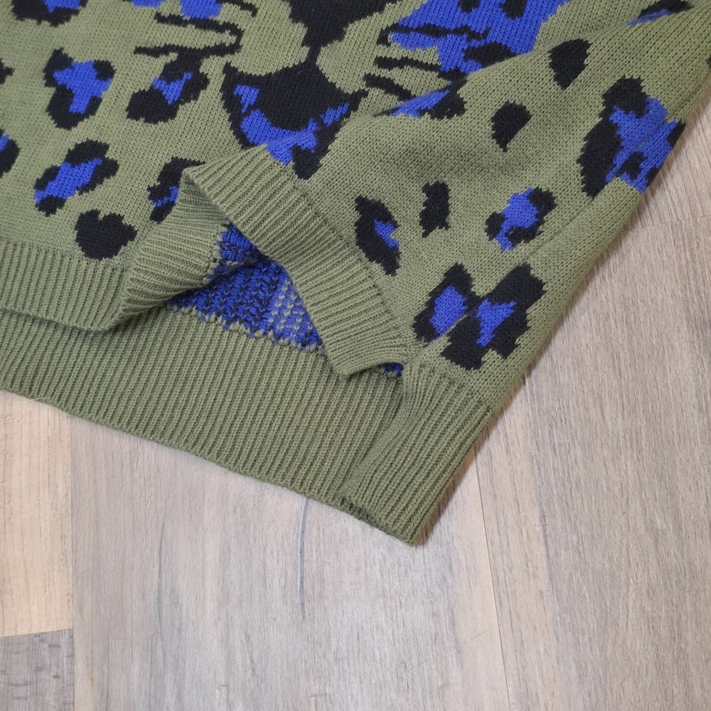 Hooked Up Womens Jrs Sweater Green Purple Leopard Cheetah Cat Print Acrylic XS - Picture 5 of 7